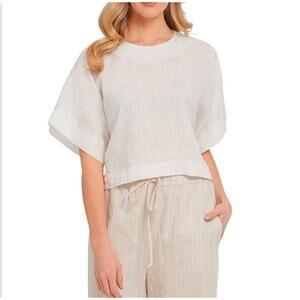 DKNY Pure Women’s Cropped Top Linen Blend Boxy Bright White Capsule Wardrobe L